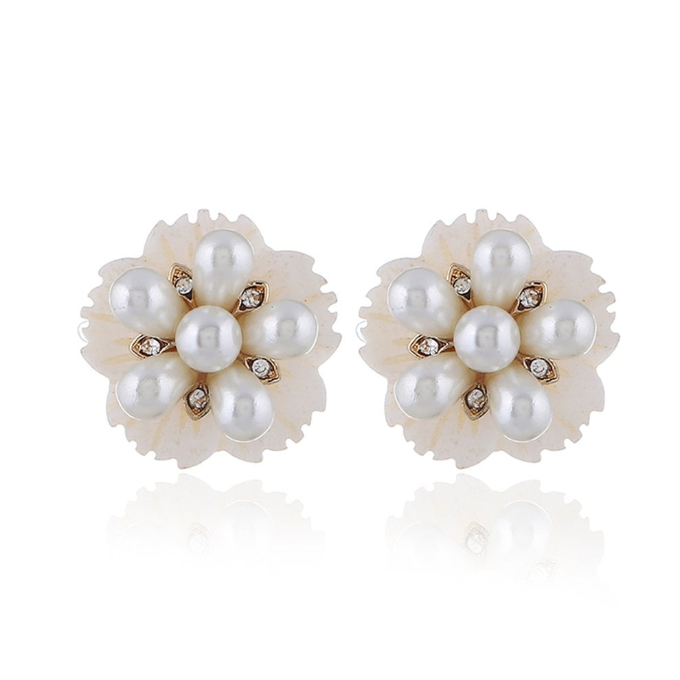 White Pearl Stud Earrings For Women Bride Wedding Jewelry Pearl Shell Flowers 1 Pack Walmart Com