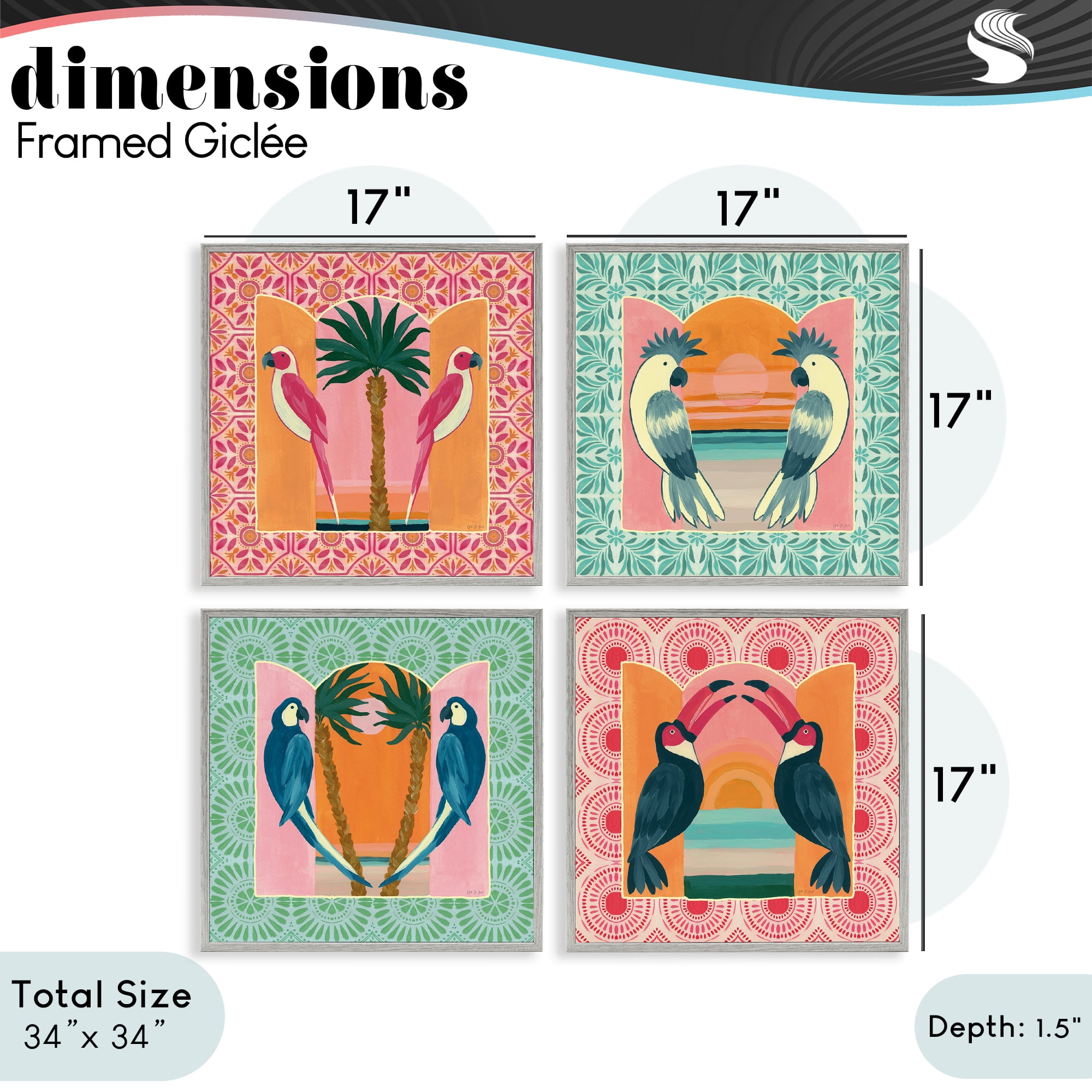 Stupell Industries Patterned Twin Bird Symmetry 4 Piece Gray Framed Giclee Art Set, design by Yvette St. Amant
