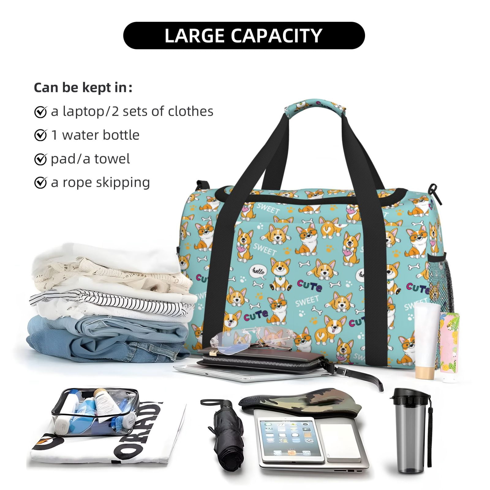 Fuzoiu Cute Dogs Corgi Print Travel Duffle Bag,Carry On Tote Bags,Duffel Bag,Sport Gym Bag, Hospital Bag for Labor and Delivery, Overnight Bag,Luggage Bag