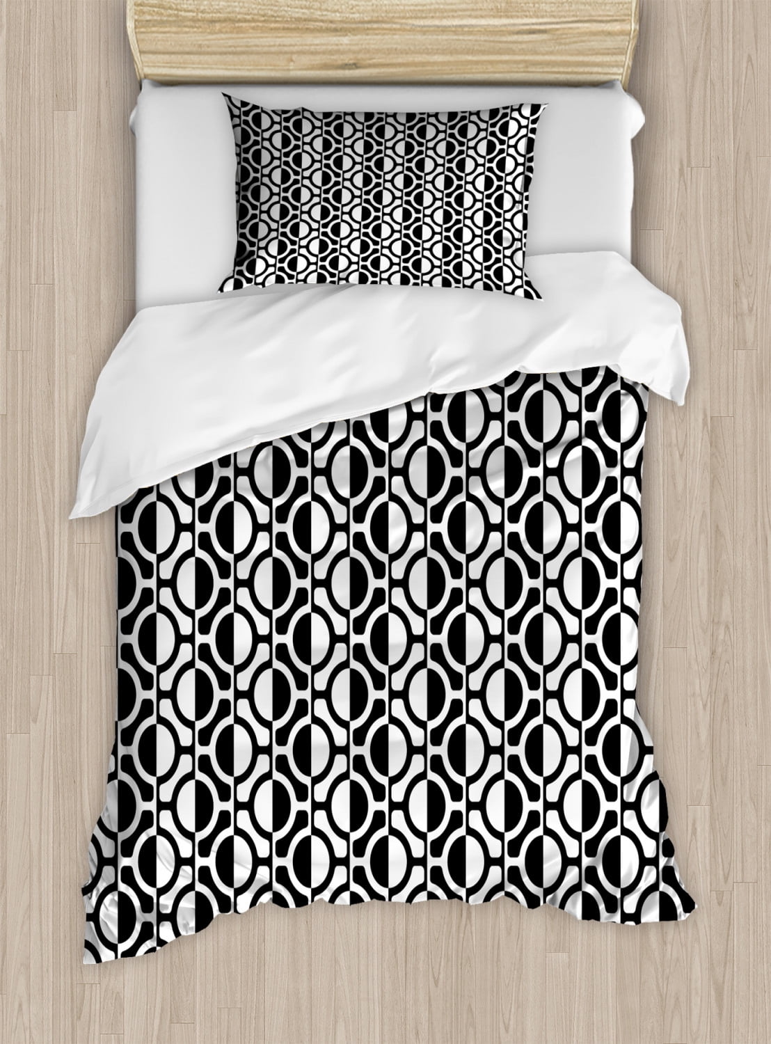 Black and White Twin Size Duvet Cover Set, Lattice Pattern with