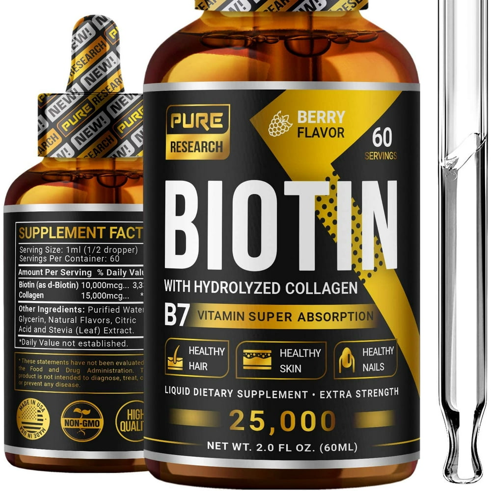 Biotin & Collagen 25,000mcg Hair Growth Liquid Drops, Supports Strong