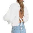 thumbnail image 4 of qucoqpe Womens Long Sleeve Solid Color Crewneck Sexy Backless Tie Knit Sweater Casual Loose Fit Pullover Top, 4 of 5