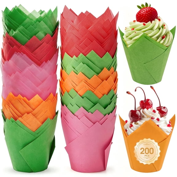ReLuien 200PCS Tulip Cupcake Liners, Baking Paper Cups, Muffin Liners for Baking, Unbleached Parchment Paper Wrappers, Sturdy, Greaseproof
