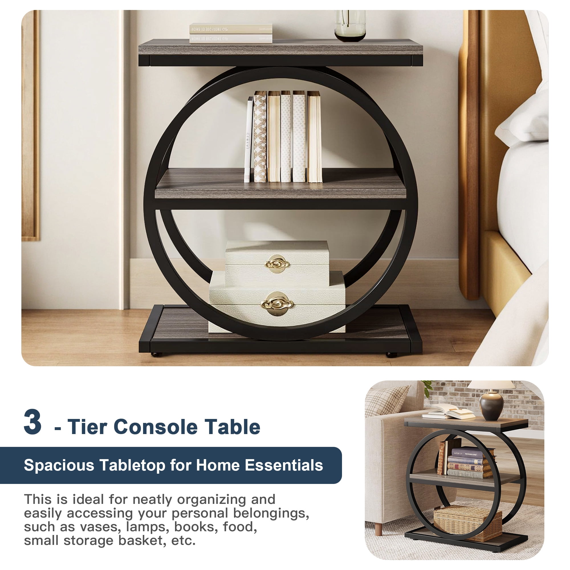 Demi Bonn 3-Tier End Table, Industrial Sofa Side Table with Round Metal Frame for Hallway, Entrance, Living Room, Bedroom, Gray