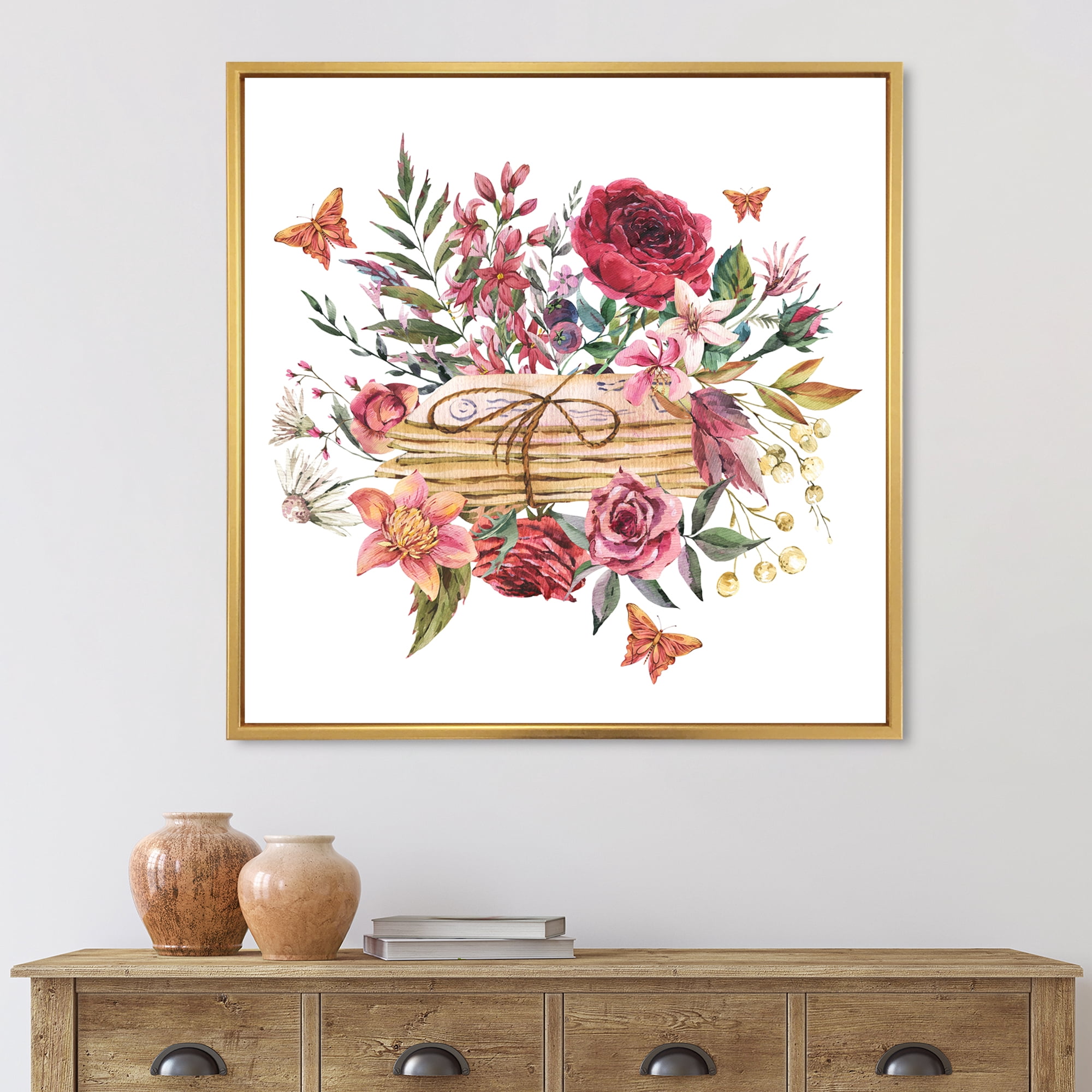 Wildflowers With Vintage Old Letters 30 in x 30 in Framed Painting Canvas Art Print, by Designart