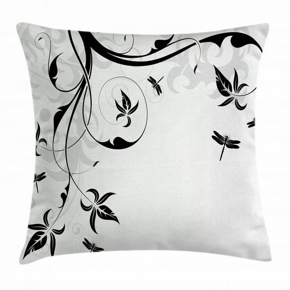 Dragonfly Throw Pillow Cushion Cover, Swirled Floral Background with Damask Curl Branches and Leaves Print, Decorative Square Accent Pillow Case, 24 X 24 Inches, Pale Grey Black White, by Ambesonne