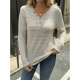 thumbnail image 5 of Women'S V-Neck Long Sleeve Striped Knit Button Shirt Autumn Casual Loose Elegant Tunic Top Apricot M, 5 of 10
