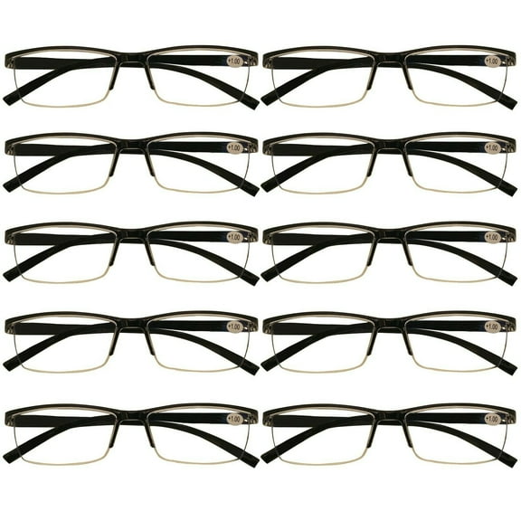 10 Packs Mens Rectangle Half Frame Reading Glasses Blue Light Blocking Black Spring Hinge Readers  1.00