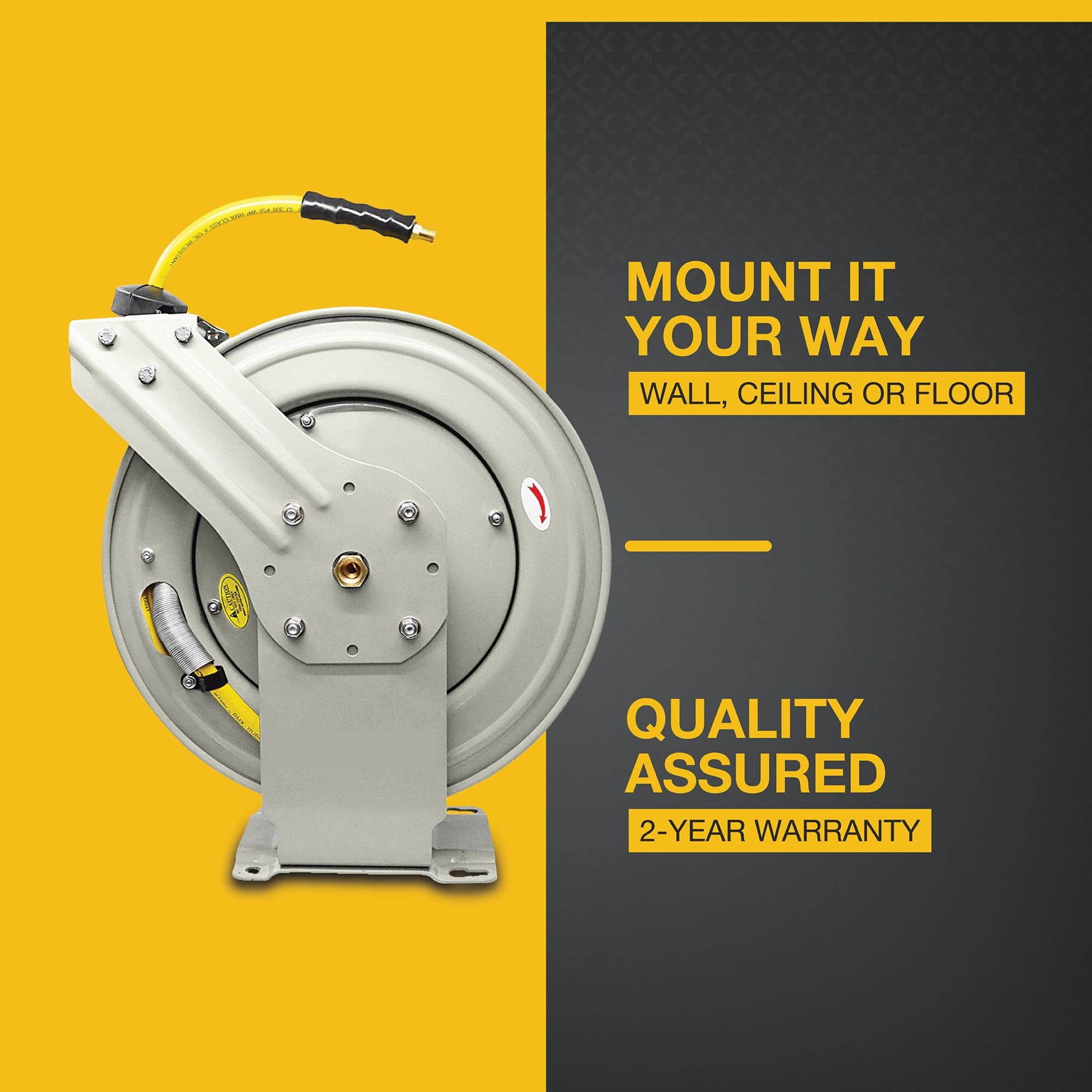 Klutch Auto-Rewind Air Hose Reel with 1/2in. x 100ft. Oil-Resistant Rubber Hose, 300 PSI