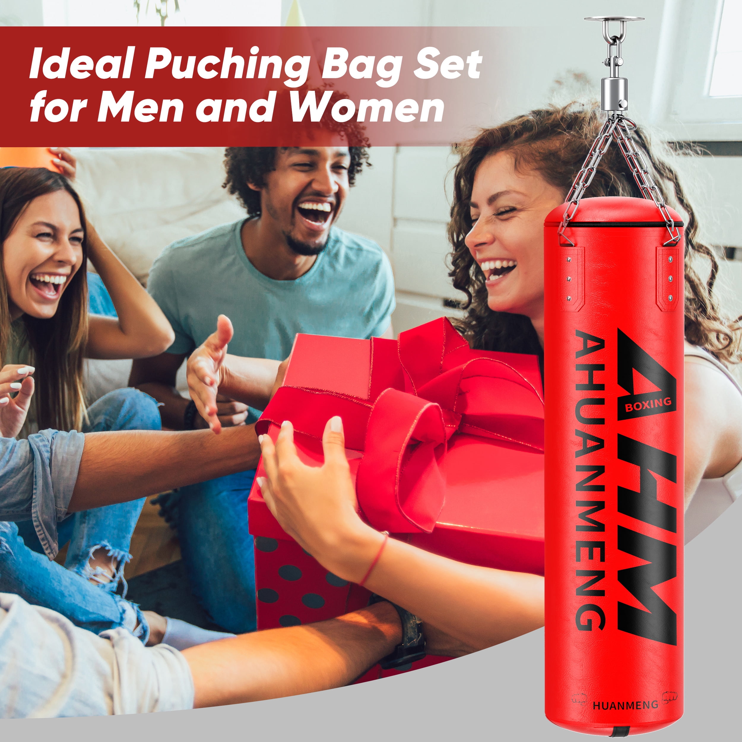 Doulami Punching Bag for Adults 4FT PU Heavy Boxing Bag Set Hanging Boxing Kit w/ Gloves, Red