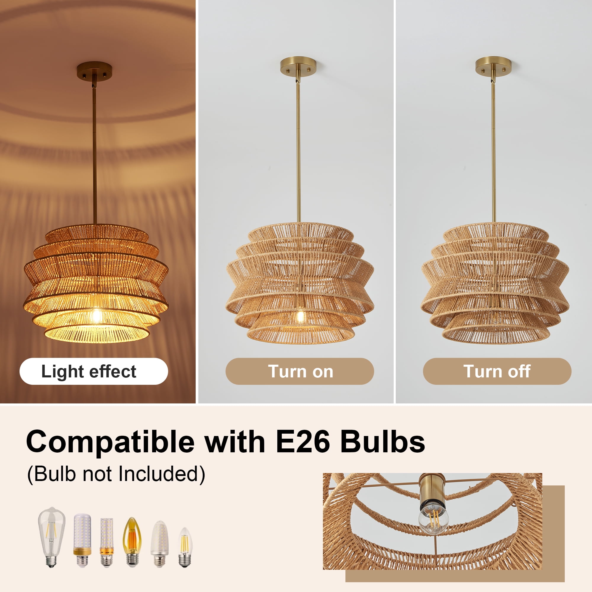 Leumius 17.3" Rattan Pendant Light, Hand-Woven Rustic Wicker Hanging Light Seagrass Ceiling Chandelier, Water Plants Rattan Chandelier for Dining Living Bedroom Kitchen