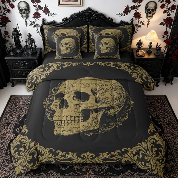 Homewish Gold Gothic Skull Twin Bedding for Kids, Old Fashion Boho Flower Bedding Comforter Set, Black Reversible, 7-Piece