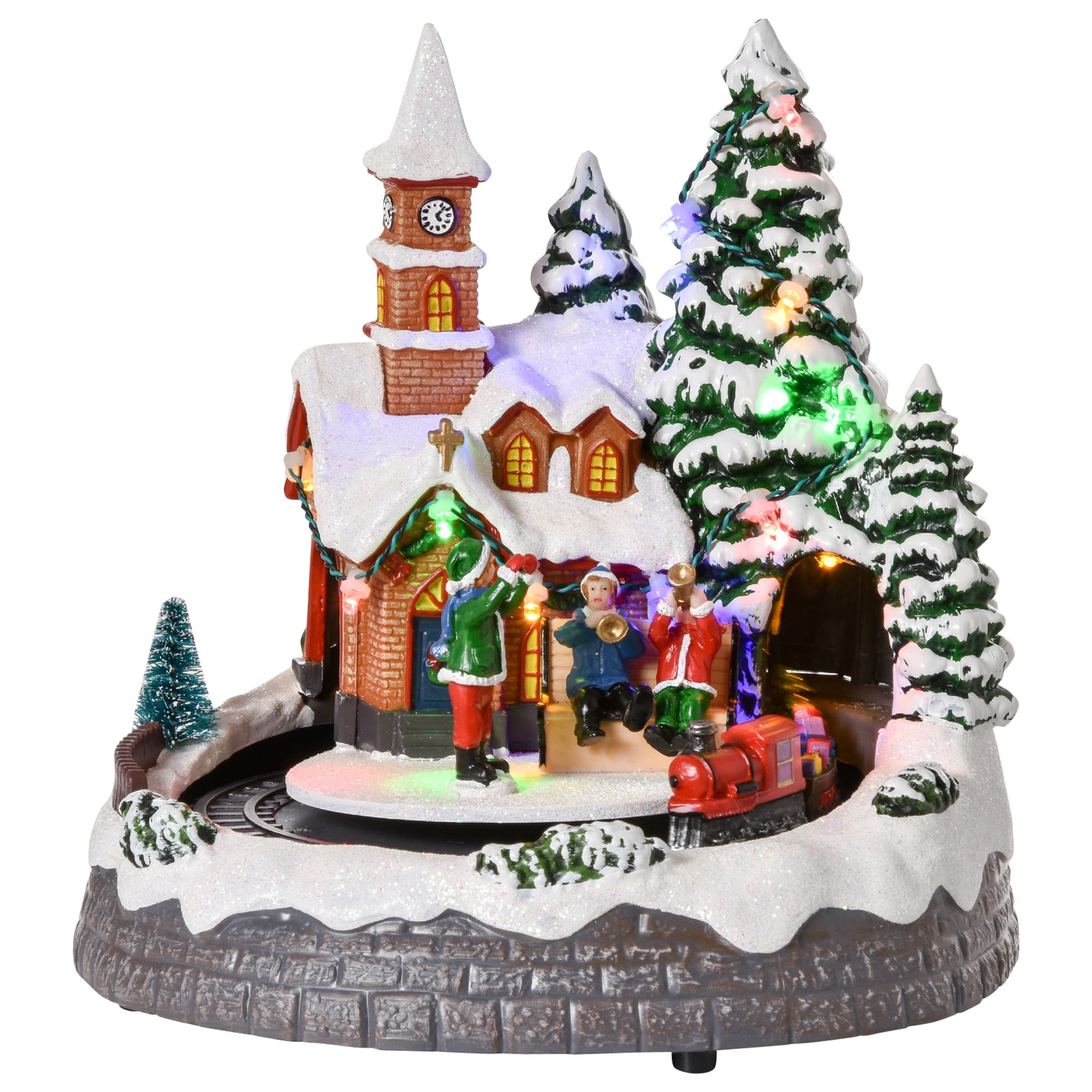 Musical LED Church With Rotating Tree White 19 x 9 Wood Holiday Figurine