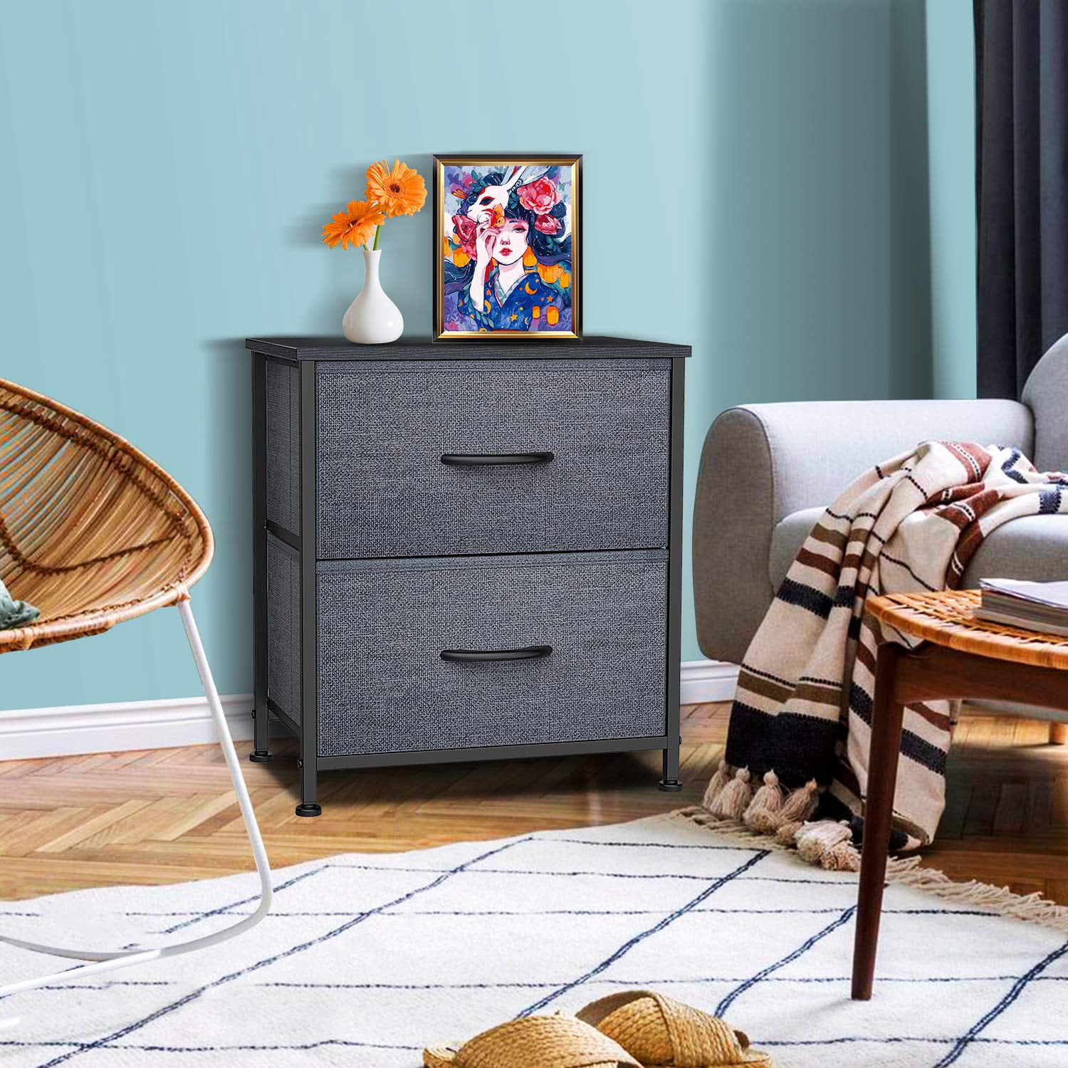 Yesker Dresser for Bedroom Storage Tower with 2 Drawers Fabric Bins Sturdy Metal Frame Wood Top Small Organizer Unit for Guest Room, Closet, Living Room, Hallway, Home Furniture, Office, Dark Gray