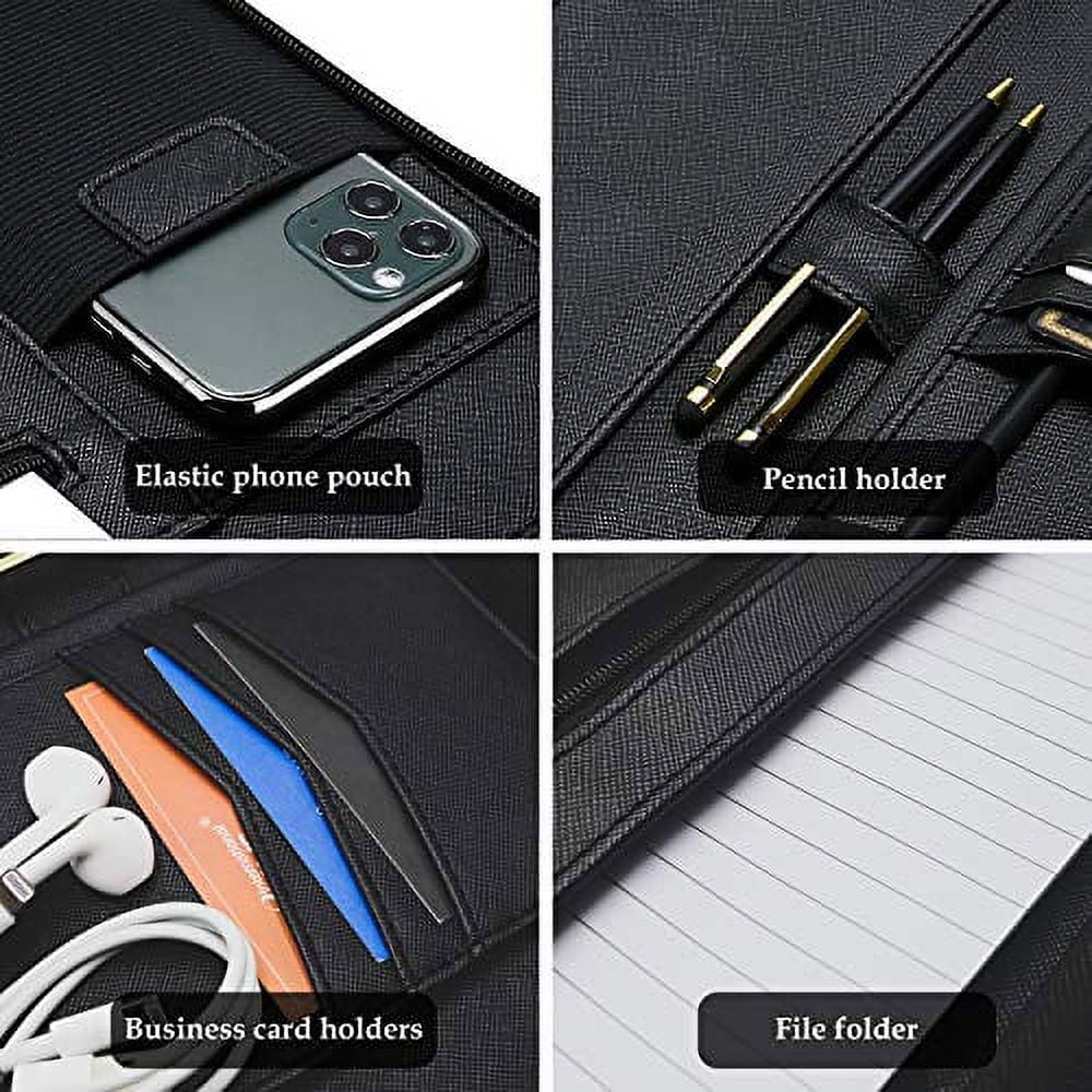ProCase Portfolio Binder, Leather Padfolio File Folder Zipper Notepad Business Legal Document Holder with Tablet Sleeve, Phone Pouch, Card Organizer, Writing Pad -Black