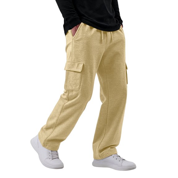 Wide Leg Baggy Sweatpants for Men Fall Casual Elastic Waist Cargo Jogger Pants with Deep Side Pockets Loose Fit for Gym Lounge Workout Beige 2XL