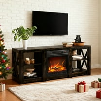 Ktaxon Mid-Century Fireplace TV Stand, Modern 58" Entertainment Center for 55/60/65" TVs with Adjustable Open Storage, Black Oak