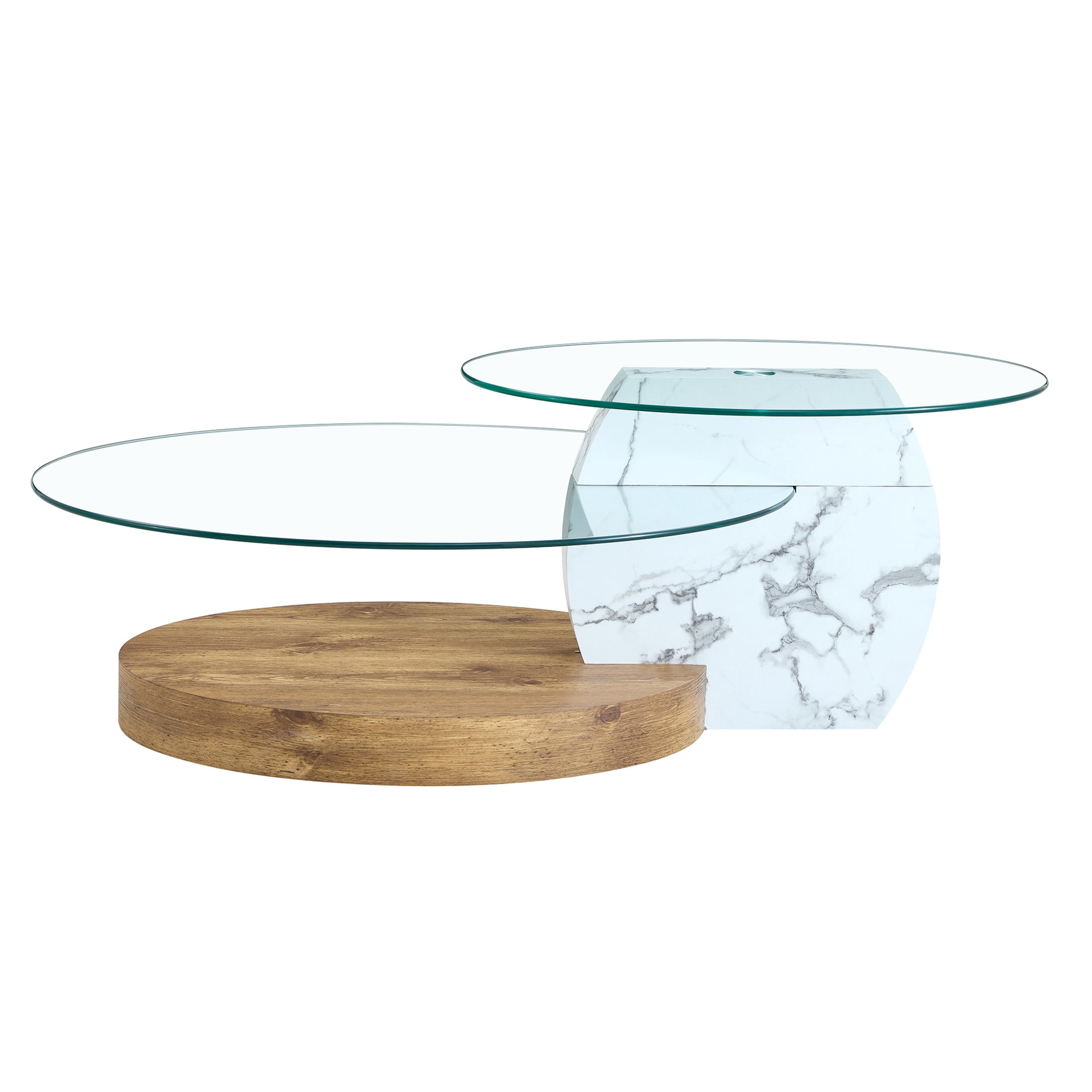 Noble House 47" Contemporary Double-Layer Coffee Table, Marble & Tempered Glass Table Top, Wood Grain Base, White
