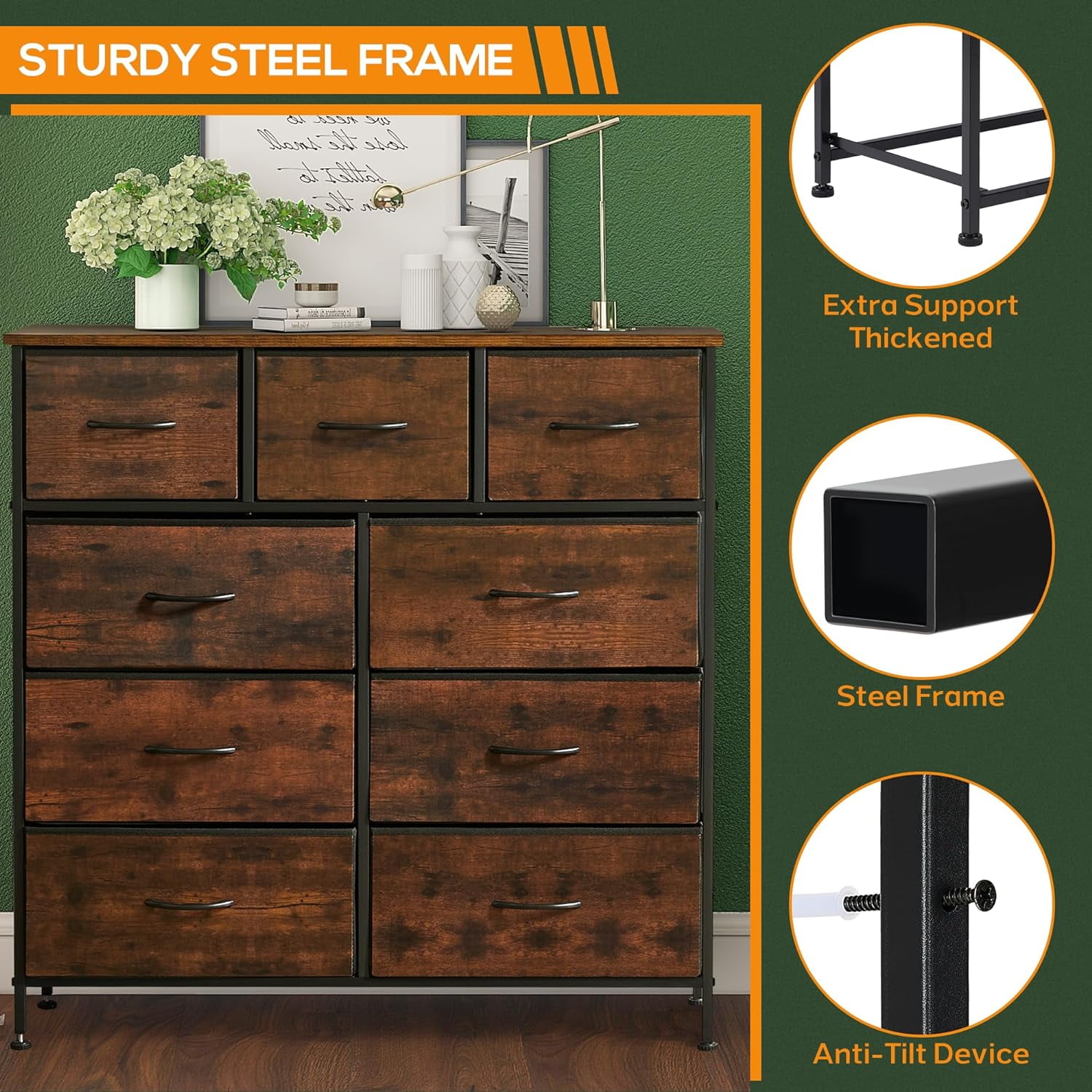 9 Drawer Dresser, Wide Chest Of Drawers Nightstand Storage Tower Storage Dresser Fabric Dresser With Wood Top for Living Room, Bedroom, Hallway, Rust