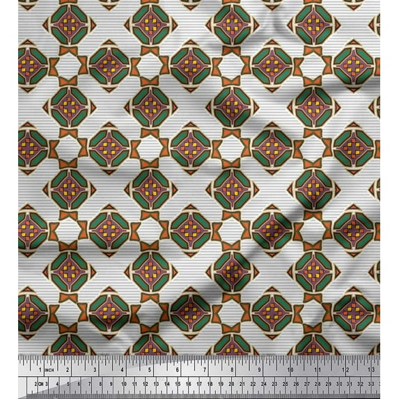 Soimoi White Georgette Viscose Fabric Stripe & Diamond Geometric Print Sewing Fabric Yard 42 Inch Wide