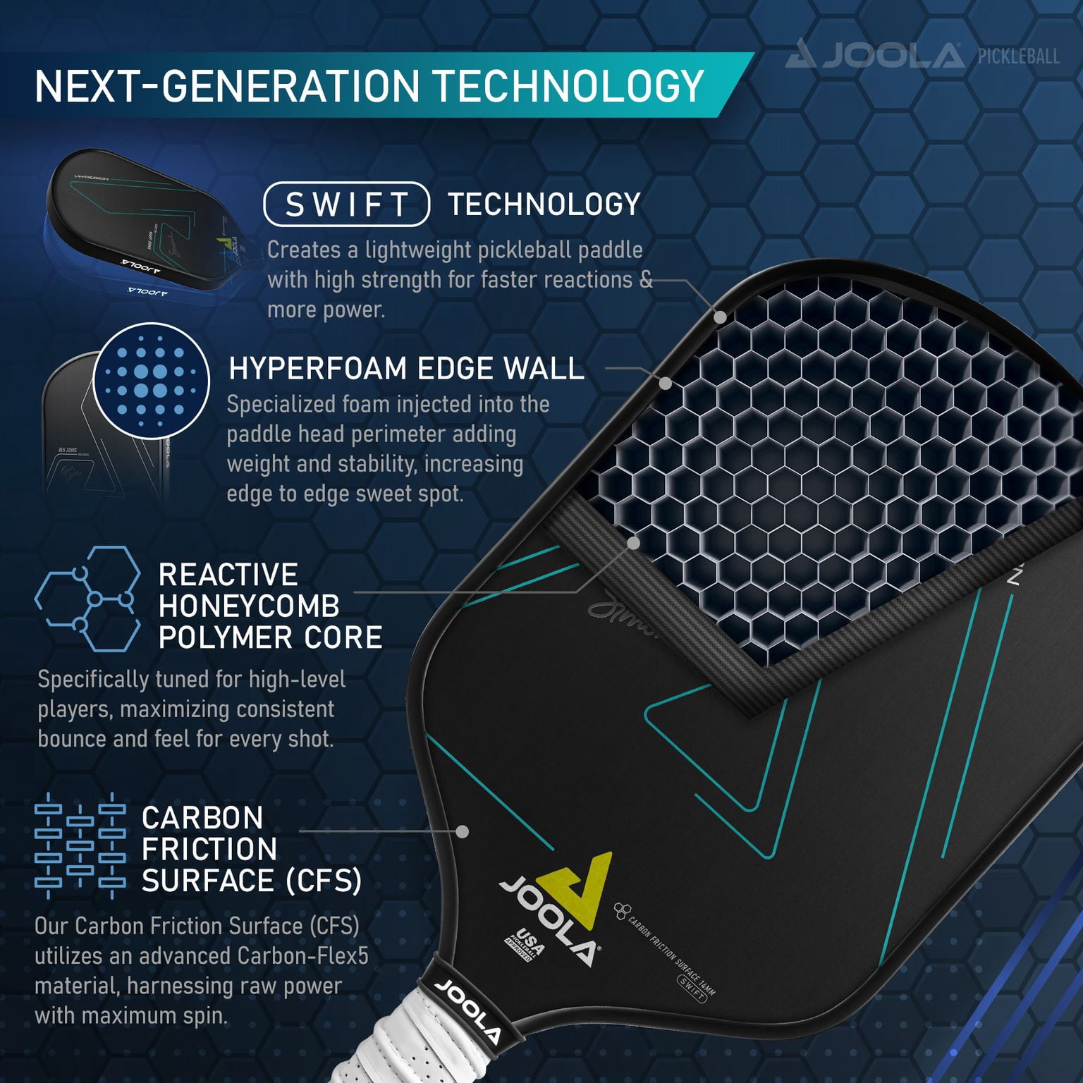 JOOLA Simone Jardim Hyperion CFS 14mm Swift Pickleball Paddle, Black