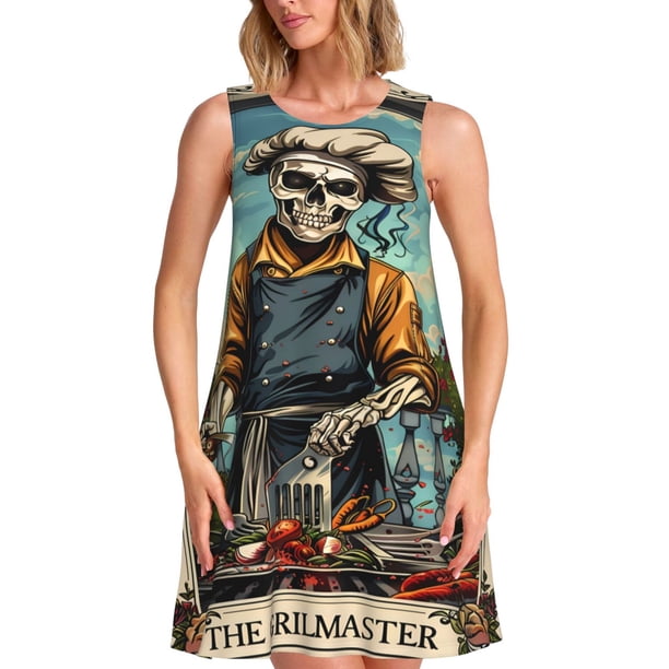 Disketp Skeleton Chef BBQ Scene para Vestido sin Mangas para Mujeres, Vestidos de Verano para Mujeres, Casual y Holgado para la Playa