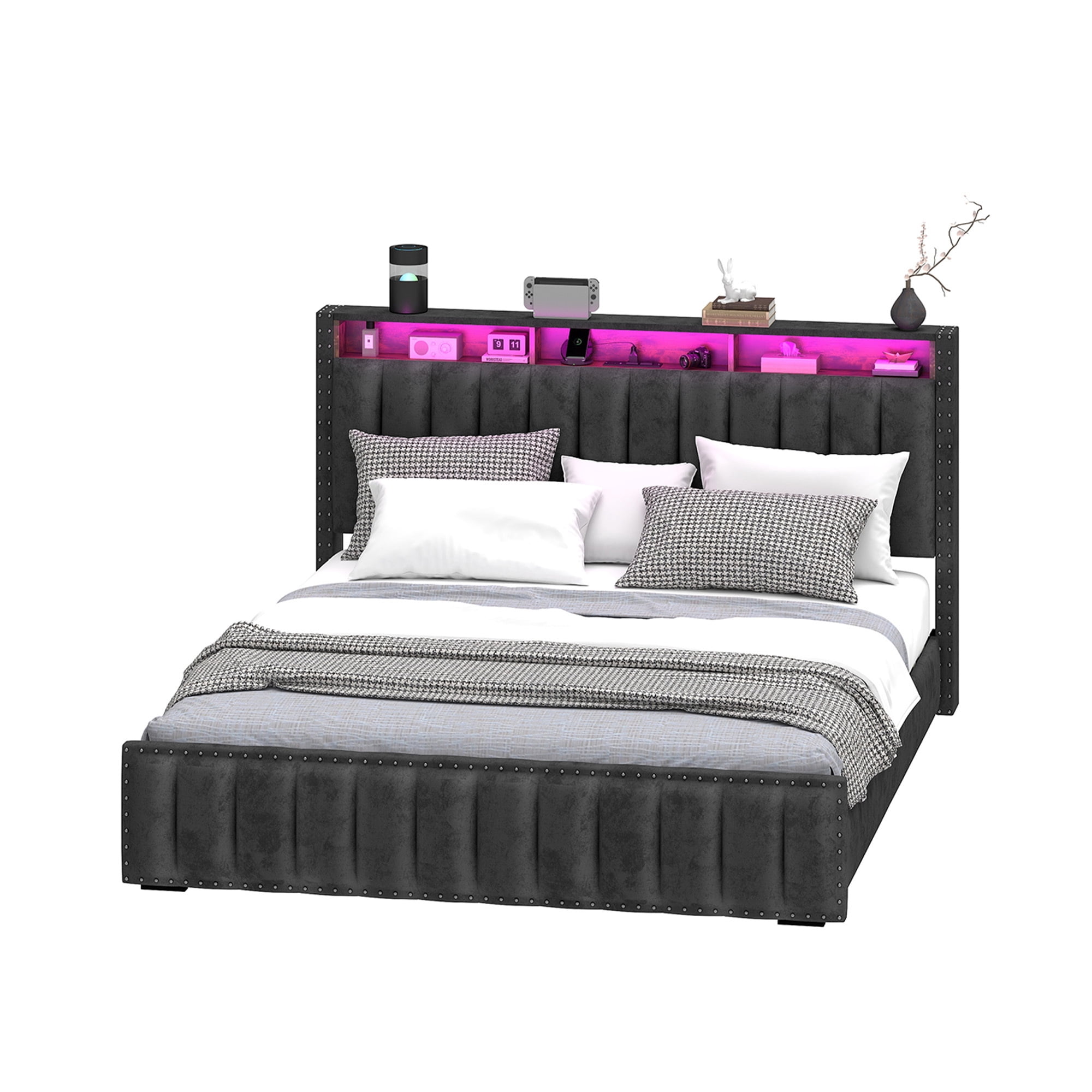 Uforic King Size Storage Bed Frame with Charging Station & Drawers, Platform Bed Frame with Drawers, Gray