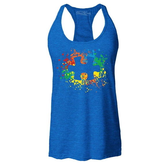 Shop4Ever Women's Autism Awareness Splatter Paint Puzzle Piece Racerback Tank Top XX-Large Royal Blue