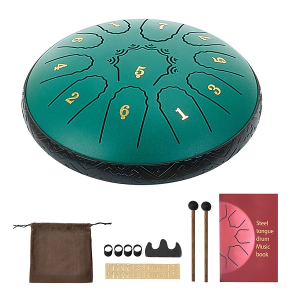 KFFKFF Steel Tongue Drum, 6-Inch 11-Note Percussion Instrument in D Major with Music Book & Mallets, Ideal for Meditation, Yoga, Beginners, and Musical Learning, Green