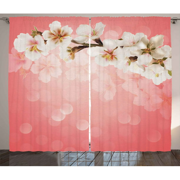 Coral Curtains 2 Panels Set, Blossoming Tree Branch Japanese Cherry ...
