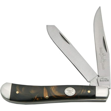 Rite Edge Large Trapper Folding Knife, 3.75" Black Pearl Handle with 2 Stainless Steel Blades and Steel Bolsters