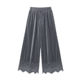 thumbnail image 5 of Karymi Women's Shorts Solid Velvet Wide Leg Long Pants, Elastic Drawstring High Waist Trousers, Hollow Lace Scalloped Hem Side Pockets Palazzo Pants Capri Pants for Women, 5 of 8