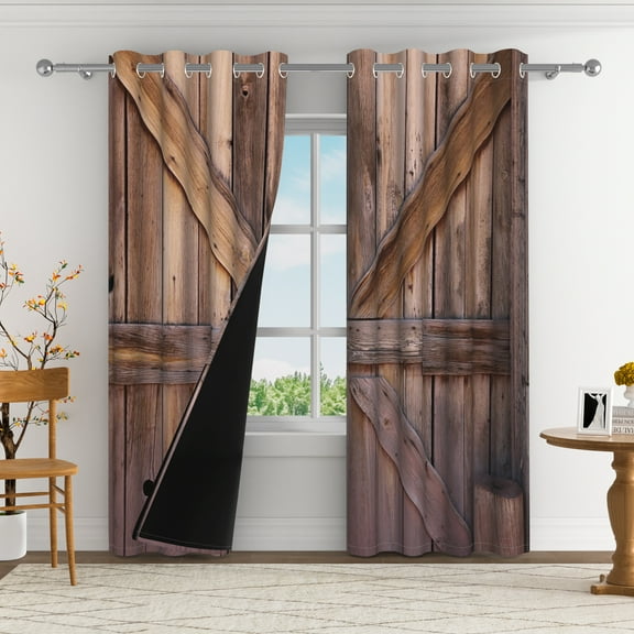 Aofoto Bedroom Living Room Blackout Window Drapes,Rustic Barn Door Grommet Curtain , 52" W x 63" L, 2 Panels,Brown