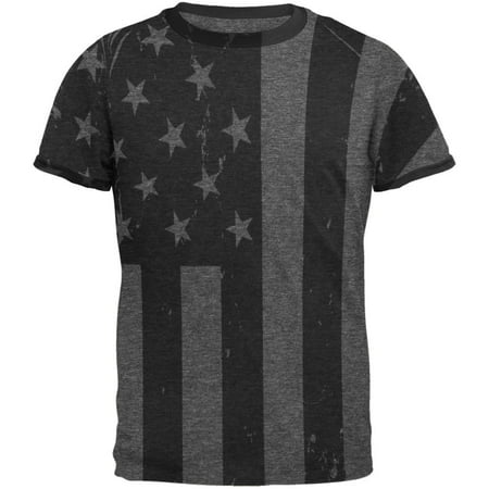 July 4th Black And White American Flag Mens Ringer T Shirt Dark Heather-Black MD