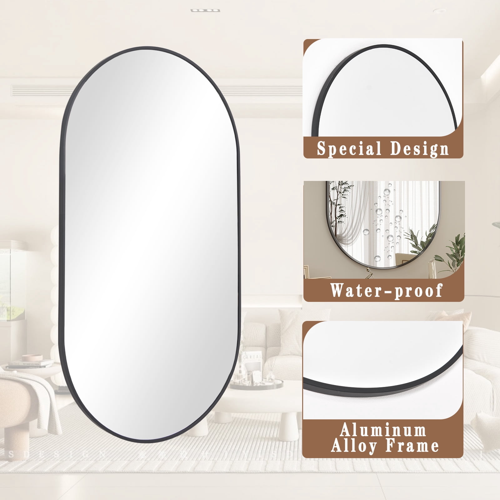 AUROMIR 22"x38" Bathroom Oval Mirror Wall-Mounted Vanity Mirror Aluminum Alloy Frame,Black