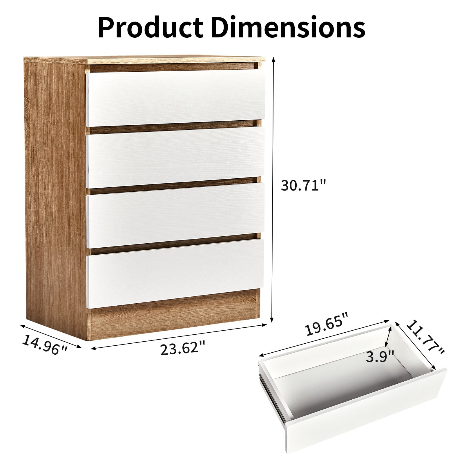 4-Drawer Storage Cabinet Color-Block Drawer Dresser 23.62*14.96*30.71in Wood-Tone Cabinet Body + White Drawer Fronts