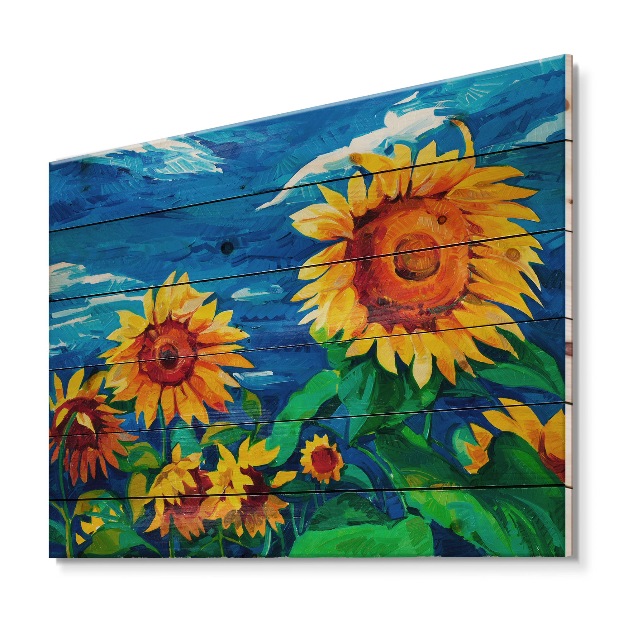 Designart 'Sunflowers Field Under A Bright Blue Sky' Traditional Print on Natural Pine Wood