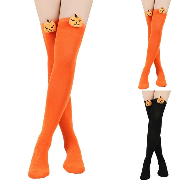 QLEICOM Stockings for Women,Womens Socks,Women's Thick Thermal Socks with Halloween Pumpkin Print Extra Long Over-The-Knee Style Festive Socks Fashion for Costume Parties and Cold Weather Funny Black