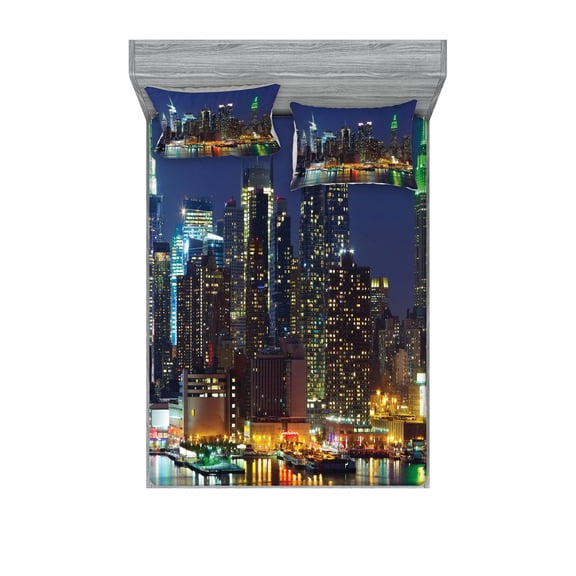 Ambesonne Scenery Fitted Sheet & Pillow Sham Set, NYC Midtown Skyline, Full, Royal Blue