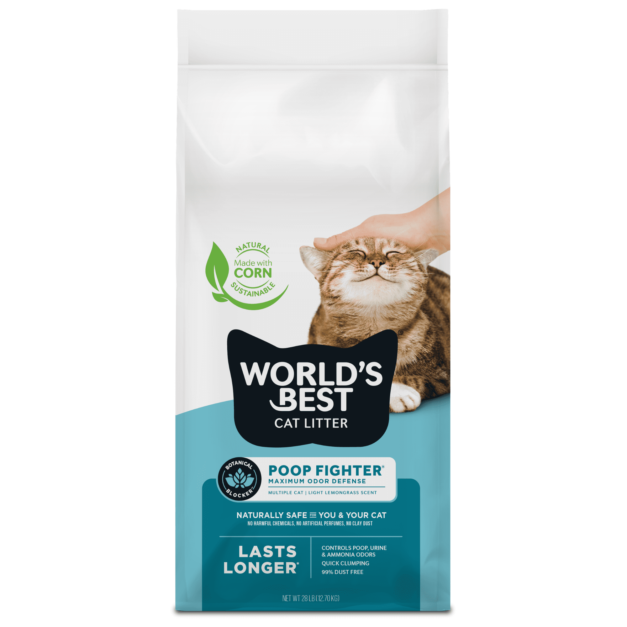 WORLD'S BEST CAT LITTER Poop Fighter Maximum Odor Defense - Long-Lasting Odor Control, Natural Ingredients, Quick Clumping, 99% Dust Free & Made in USA, Flushable, & Easy Scooping- 28 lb Bag