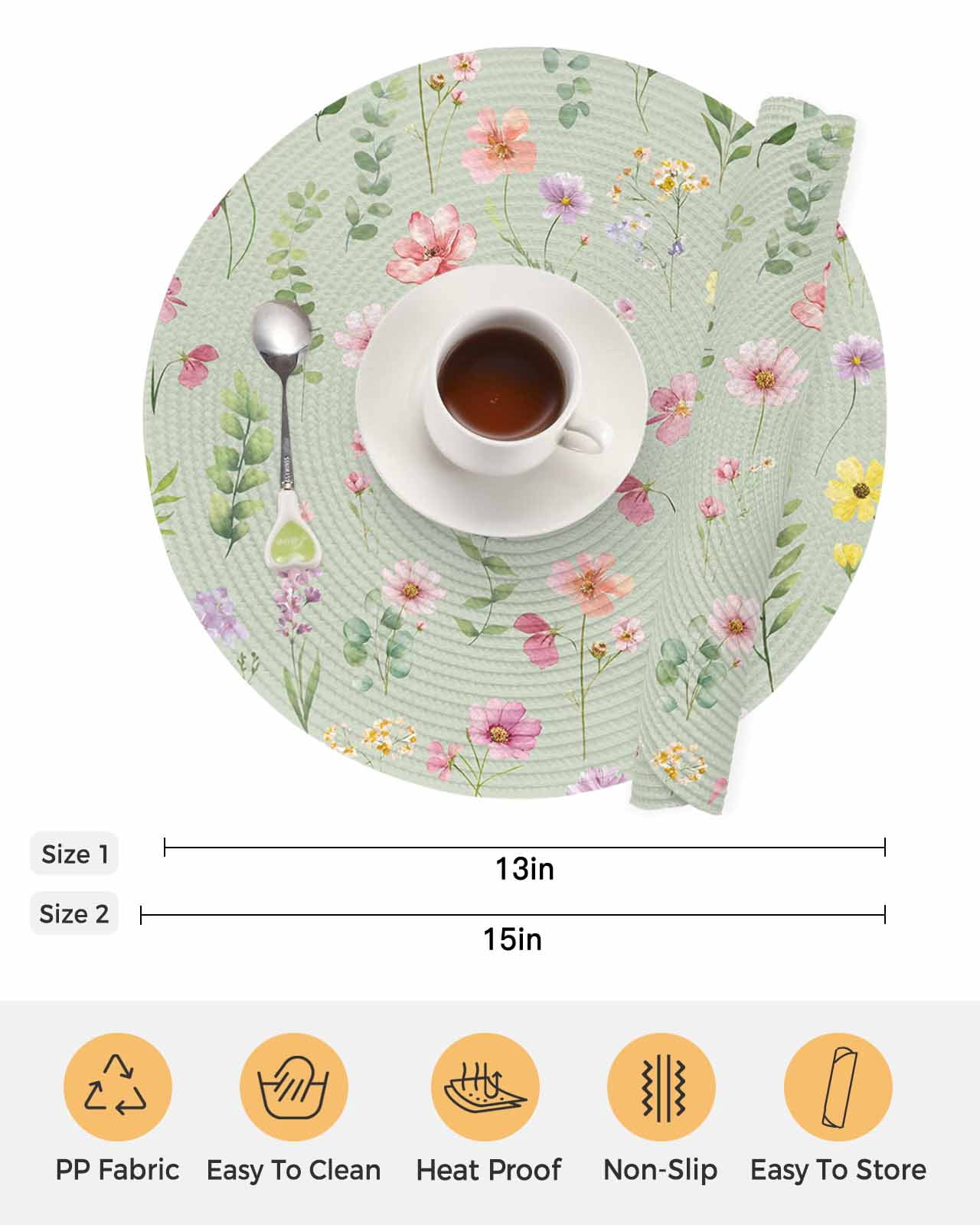 15 Inch Round Placemats Set of 6, Pink Spring Floral Non Slip Heat Insulation PP Table Mats, Farmhouse Flowers Sage Green Leaves Washable Place Mats for Kitchen Dining Party Table Decor
