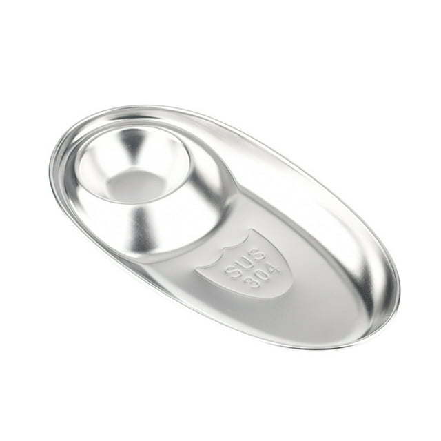 1PC Stainless Steel Sauce Dish Double Compartments Seasoning Dish Chilli Sauce Appetizer Plate (Oval, Size L)
