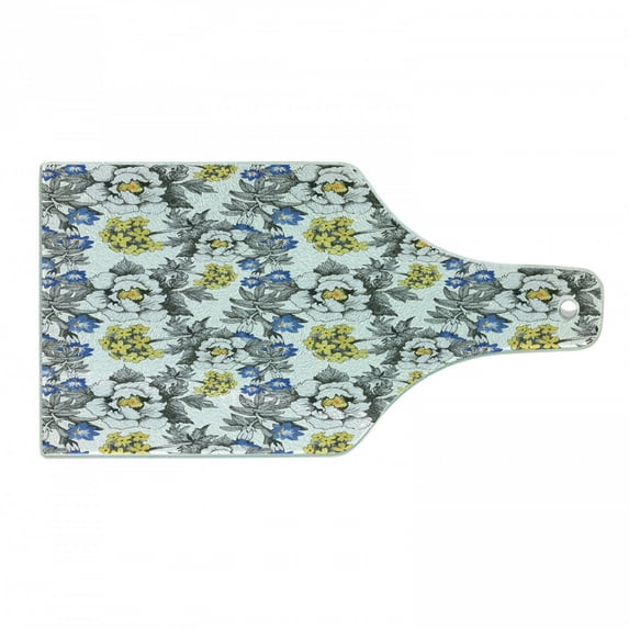 Garden Cutting Board, Romantic Peony Hydrangea and Blue Violet Blossoms in Sketch Art Style, Decorative Tempered Glass Cutting and Serving Board, Wine Bottle Shape, Dark Grey Yellow, by Ambesonne