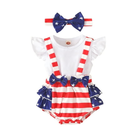 

Woshilaocai Infant Baby Girl 4th of July Outfit Stars Stripes Independence Day Fly Sleeve Patchwork Bodysuit Headband
