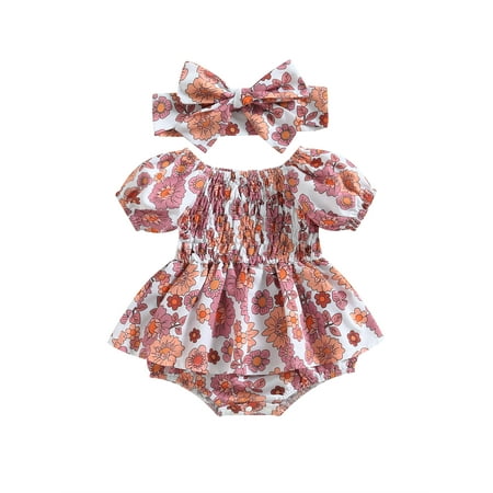 

jaweiwi Baby Toddler Girls Summer Casual Romper Dresses 0 3M 6M 9M 12M 18M Short Sleeve Off Shoulder Floral Tutu Playsuit with Headband