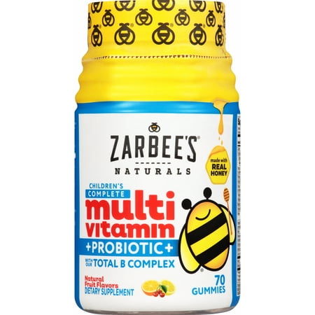 Zarbee's Naturals Children's Complete Multivitamin + Probiotic Gummies with our Total B Complex and Essential Vitamins, Natural Fruit Flavors, 70 Gummies (1