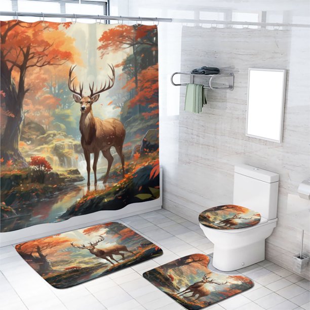 Juego de 4 cortinas de ducha con diseño de ciervos, estilo retro, otoño, bosque, alce, fauna, animales, otoño, cascada, naturaleza, tela impermeable, cortina de baño, alfombras antideslizantes para