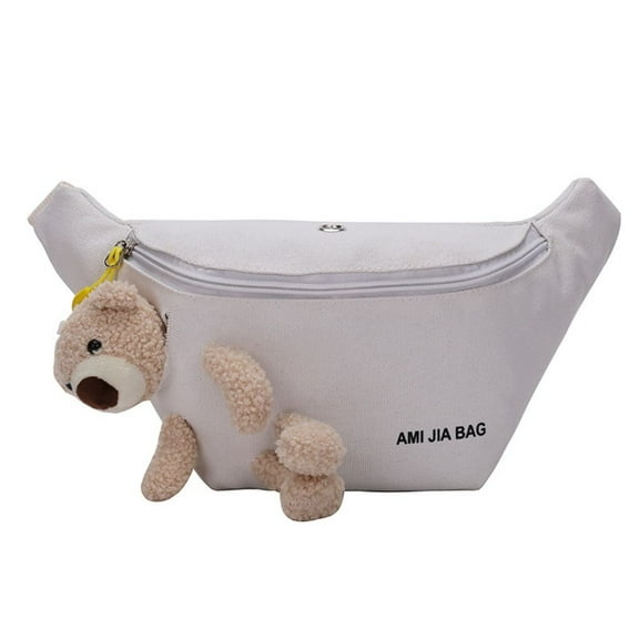 Ladies Luxury Design Cute Bear Canvas Waist Bag Crossbody Chest Bag Banana Hip Purse Fanny Pack WHITE