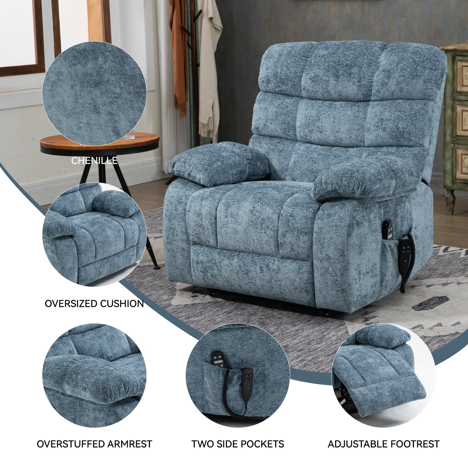 Power Lift Recliner Chair, Heat Massage Dual Motor Infinite Position 350 LBS Heavy Duty, Electric Remote Recliner for Elderly, Medium-Firm Chenille, Blue