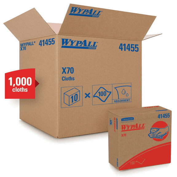 Kimberly Clark WypAll 41455 X70 Series Pop-Up Box Cloth, 9.1 x 16.8 in, 100 per box, 10 boxes/cs, Hydroknit, White, 1 Plys